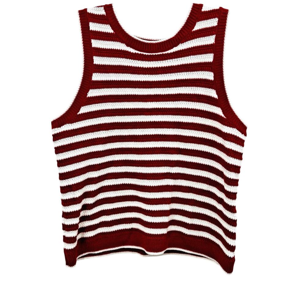 Nine West Jeans Size Large Red and White Horizontal Knit Stripe Sweater Vest Pul